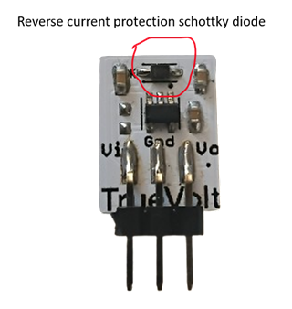 TrueVolt TLV740P module back view showing aluminum MCPCB substrate and SD103AW Schottky reverse protection diode