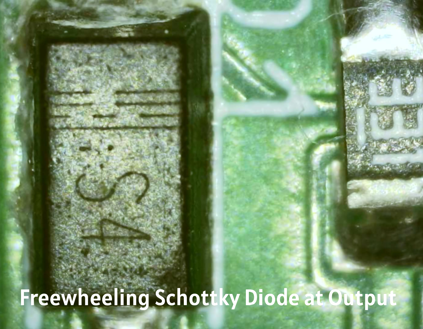 Microscope close-up of the on-board Schottky freewheeling diode at the output of the PureSwitch-22919, providing inductive back-EMF protection for relays and solenoids