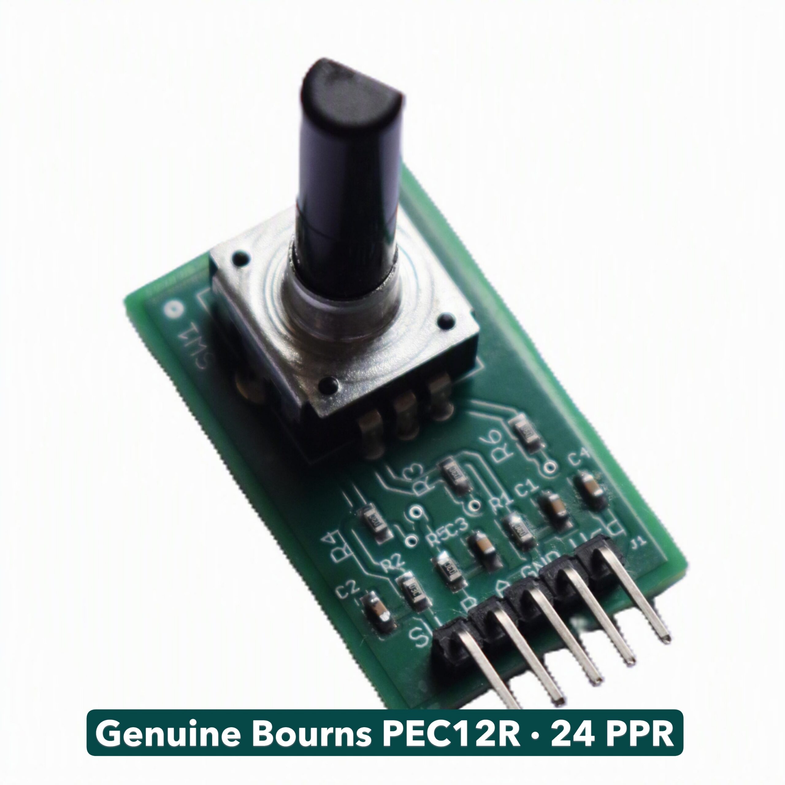 Ramanu rotary encoder module built on the Bourns PEC12R, 24 PPR incremental quadrature encoder with push switch and 6mm D-shaft knob by Ramanu Systems
