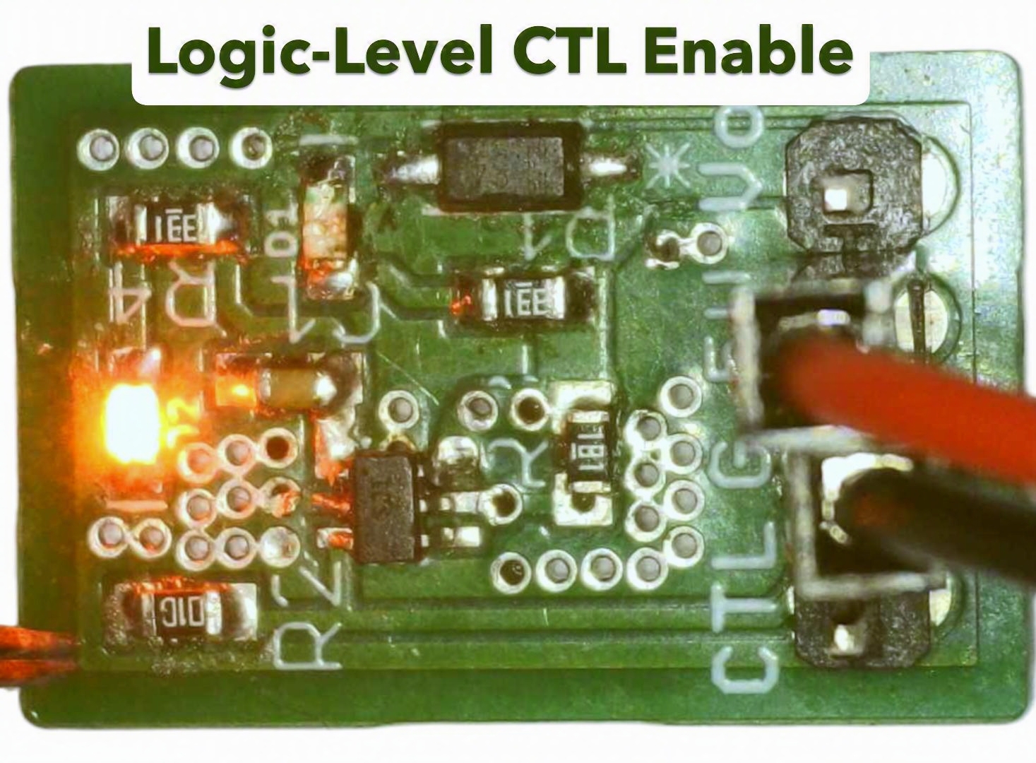 Bench test of the PureSwitch-22919 showing the logic-level CTL enable pin driving the TI TPS22919 load switch on and off with GPIO-compatible control