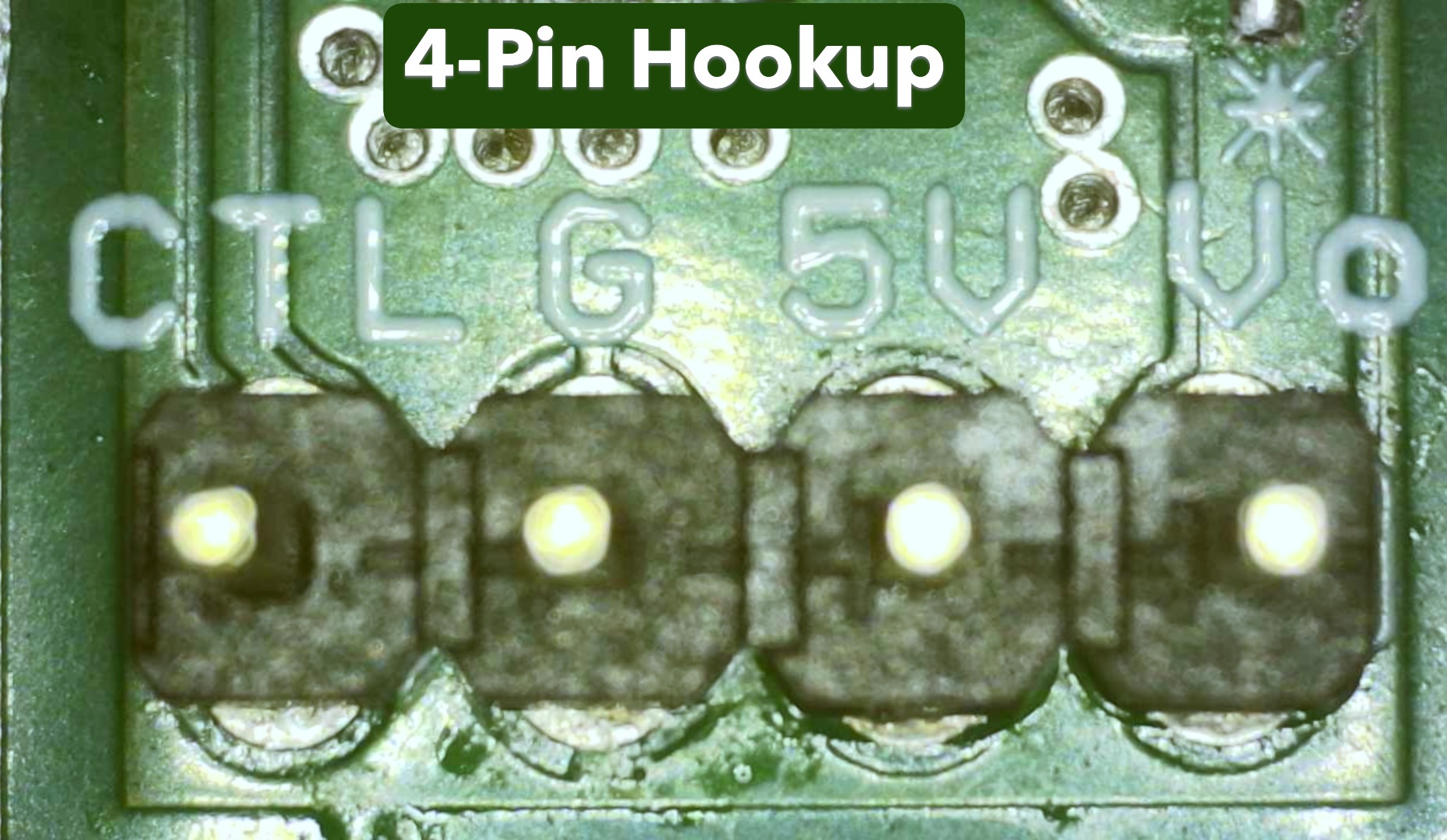 Close-up of the PureSwitch-22919 silkscreen pinout labels CTL, G (GND), 5V input, and VO (VOUT) on the 4-pin 2.54 mm breadboard-compatible header