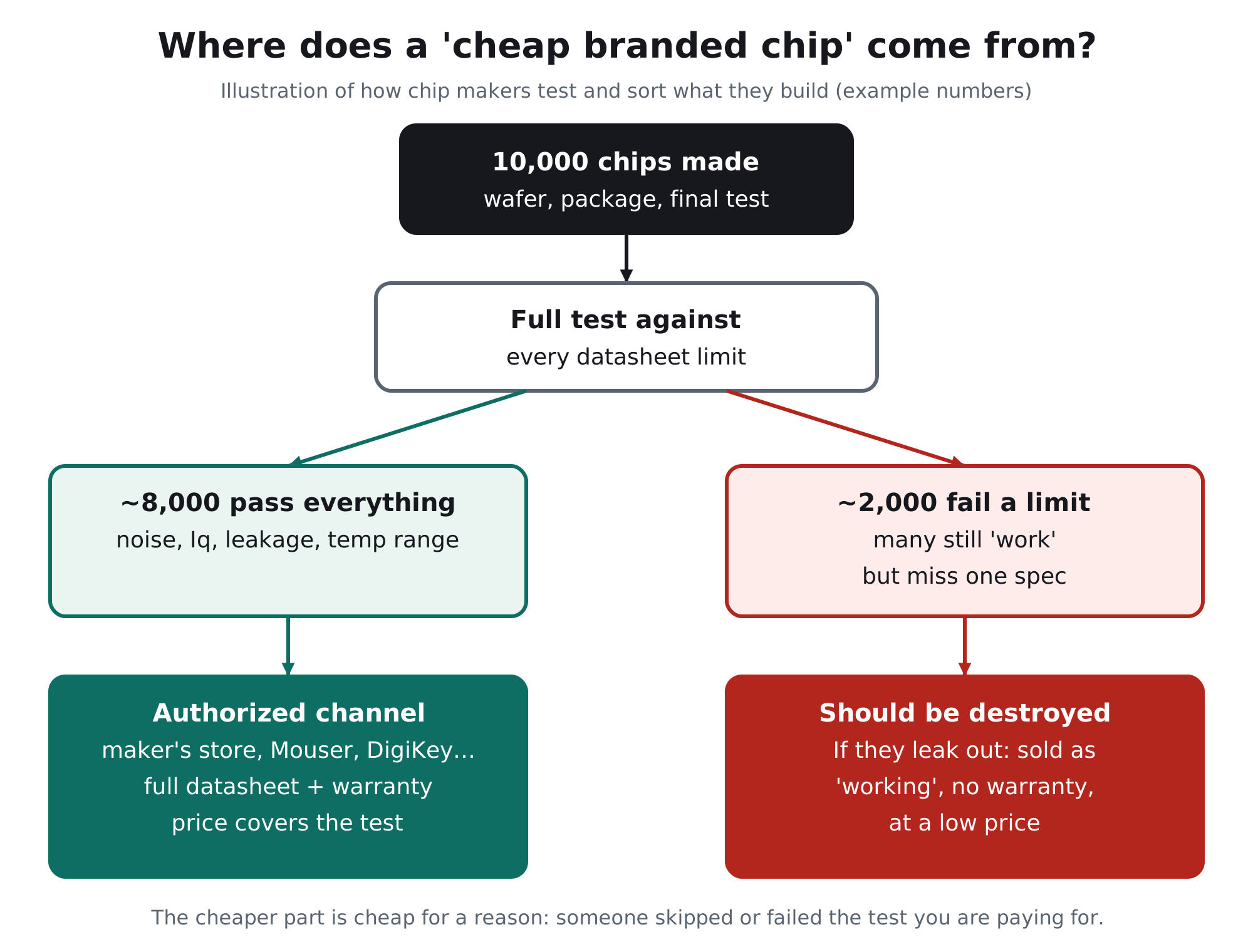 Illustration: of 10,000 chips made, about 8,000 pass every datasheet limit and go to authorized channels with warranty; about 2,000 fail a limit, should be destroyed, and if they leak out are sold as working with no warranty