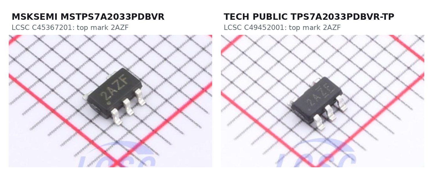 LCSC product photos of MSKSEMI MSTPS7A2033PDBVR and TECH PUBLIC TPS7A2033PDBVR-TP, both with top marking 2AZF