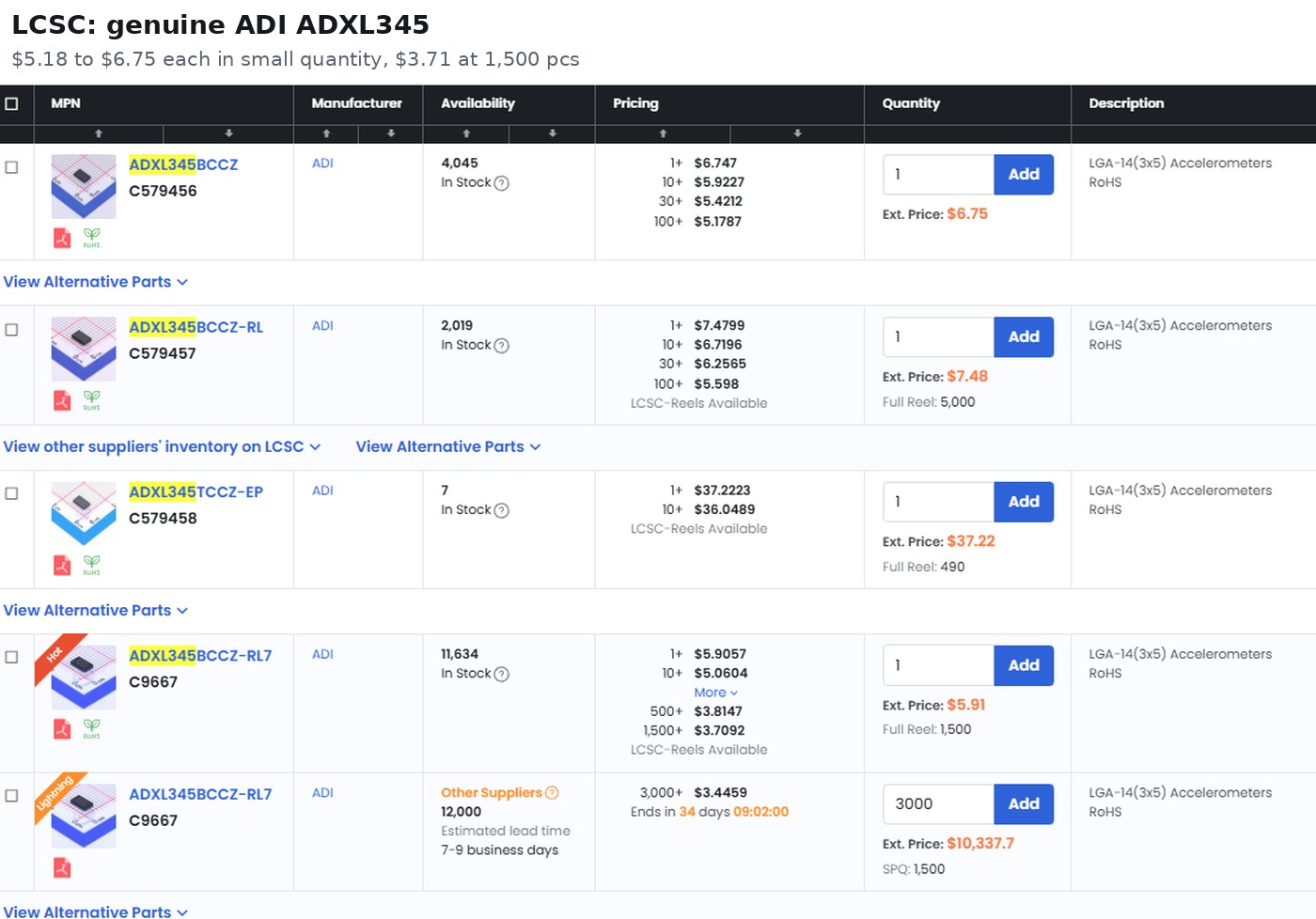 LCSC pricing for genuine Analog Devices ADXL345 accelerometers, about 5 to 7 US dollars each in small quantities