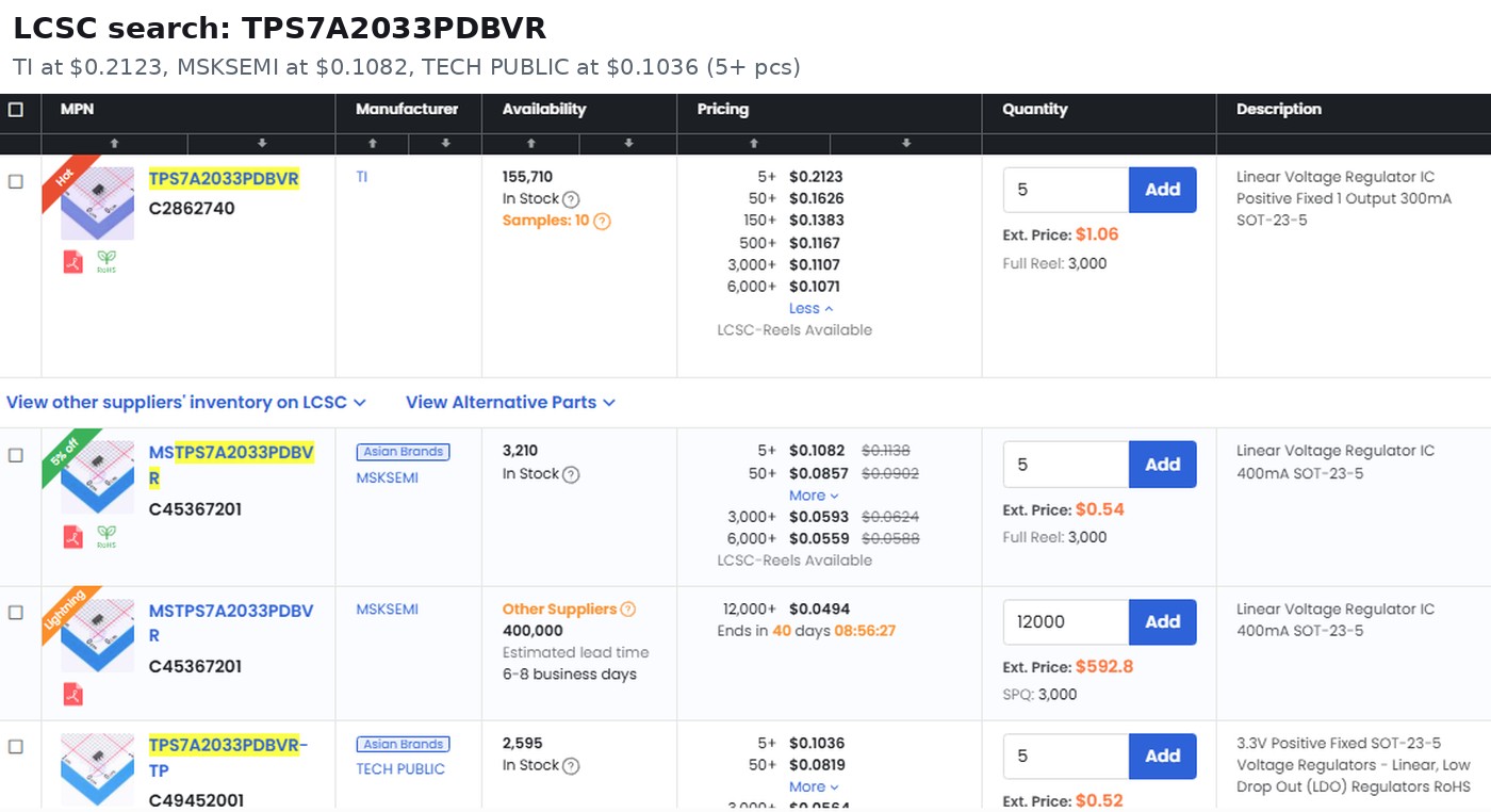 LCSC search for TPS7A2033PDBVR: TI at 0.2123 dollars, MSKSEMI at 0.1082 and TECH PUBLIC at 0.1036 for 5 pieces