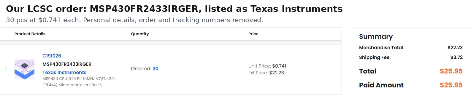 Ramanu's LCSC order for 30 MSP430FR2433IRGER microcontrollers listed as Texas Instruments at 0.741 US dollars each, with personal details removed