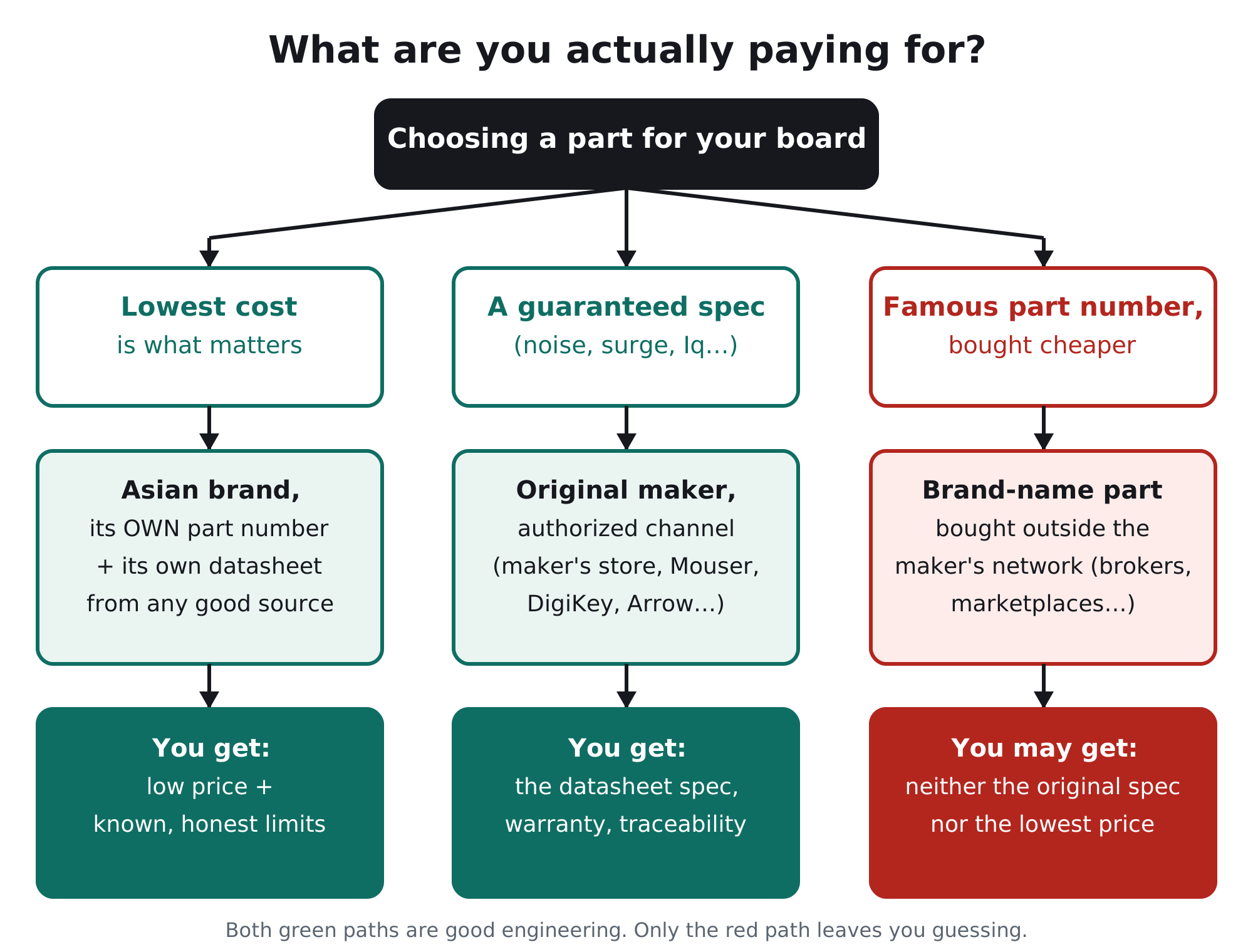 Decision flow: for lowest cost buy another brand under its own part number; for a guaranteed spec buy from the original maker's authorized channel; a brand-name part bought outside the maker's network may give neither