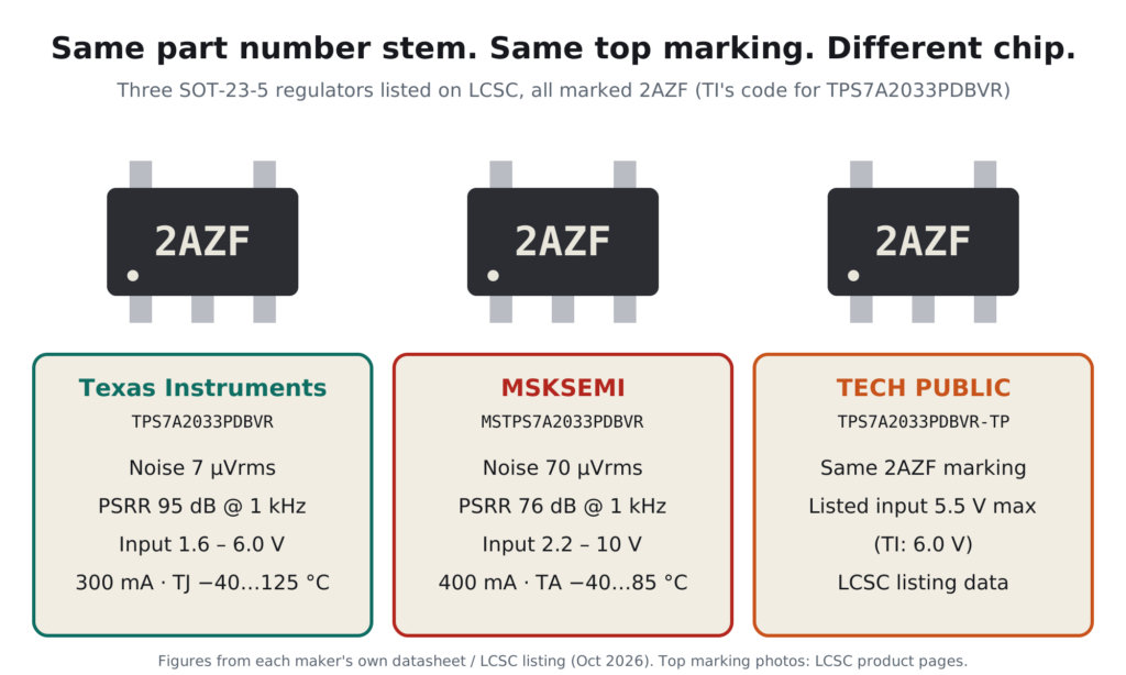 Three SOT-23-5 regulators all marked 2AZF: TI TPS7A2033PDBVR with 7 µVrms noise, MSKSEMI MSTPS7A2033PDBVR with 70 µVrms, and TECH PUBLIC TPS7A2033PDBVR-TP
