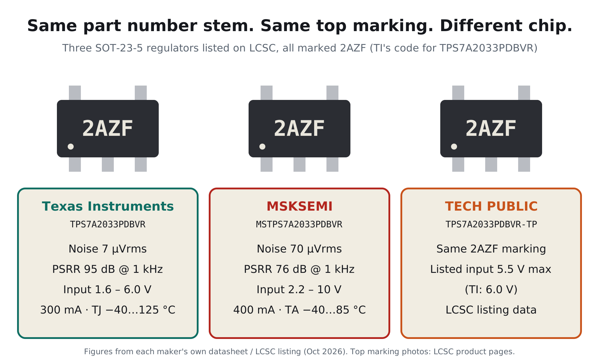 Three SOT-23-5 regulators all marked 2AZF: TI TPS7A2033PDBVR with 7 µVrms noise, MSKSEMI MSTPS7A2033PDBVR with 70 µVrms, and TECH PUBLIC TPS7A2033PDBVR-TP